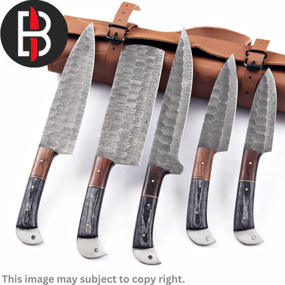 Damascus Steel Chef Set Handmade BBQ Kitchen Knives 5 Pcs