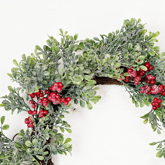 22in Twig Wreath-Icy Sparkle Boxwood with Red
