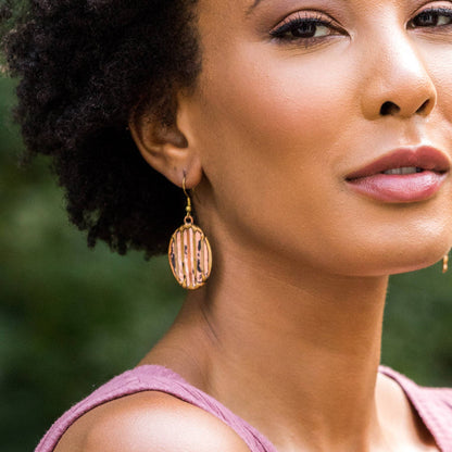 Brass Patina Earrings - Pink Horizontal Lines