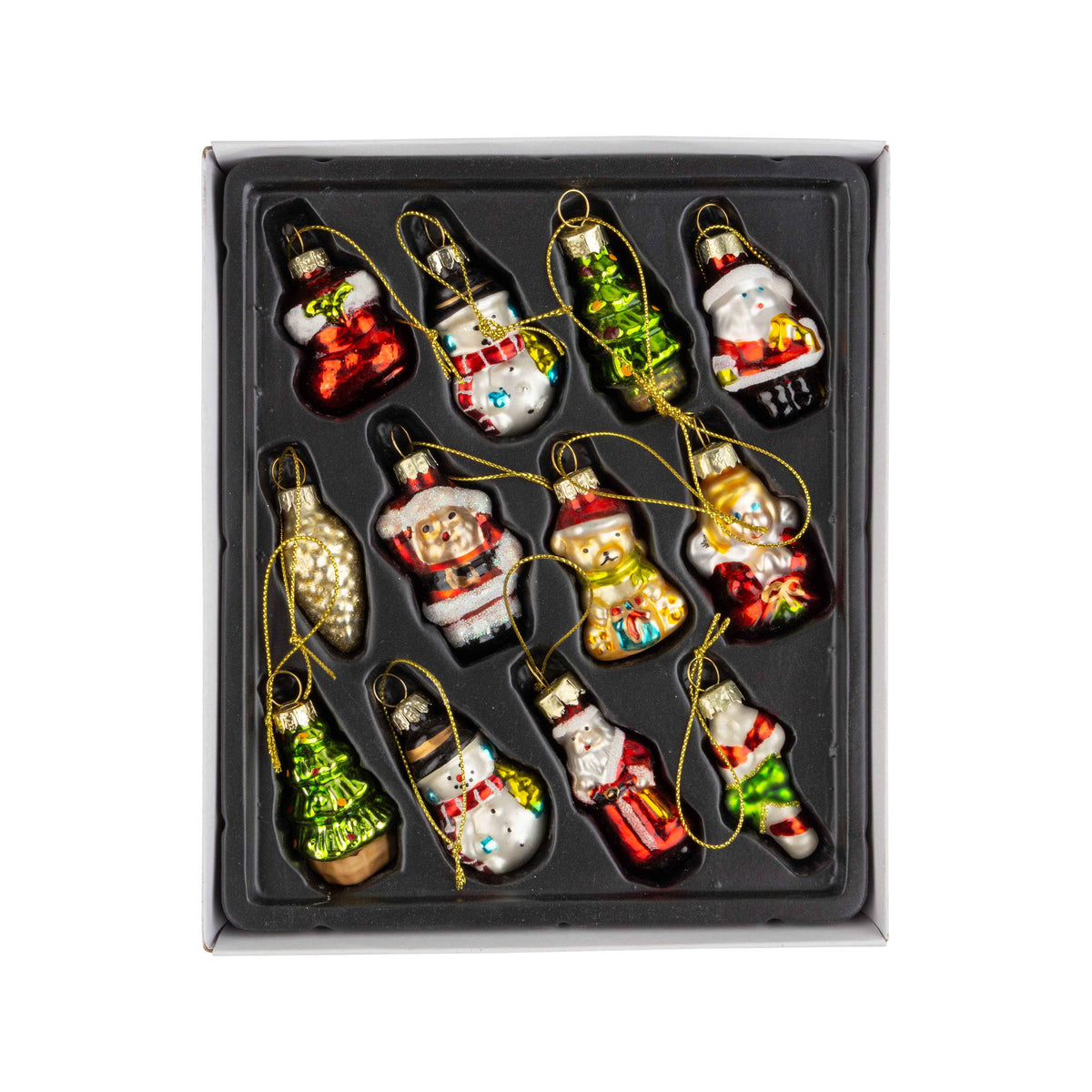 A33020:Set of 12 glass orns Santa/snowman/tree 2 in