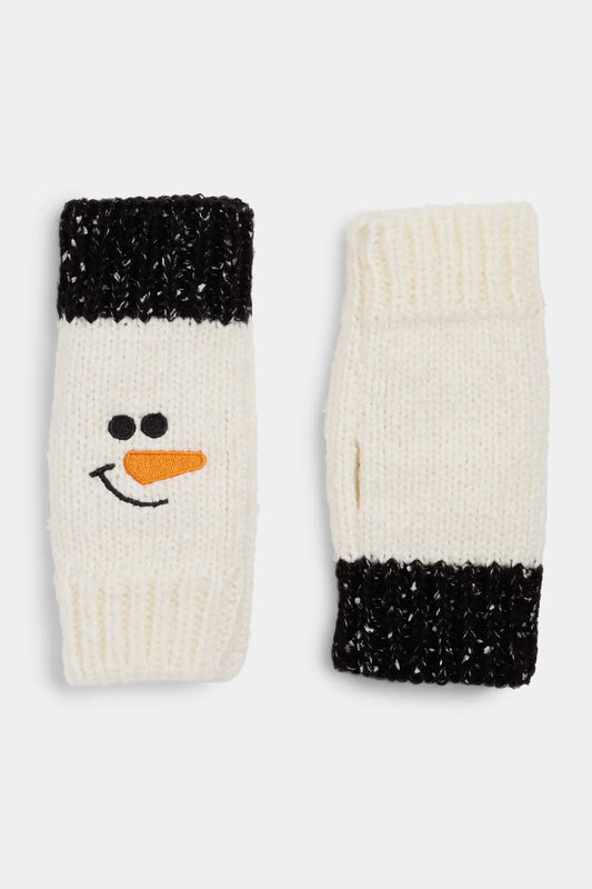 Marbled Snowman Knit Fingerless Gloves- white
