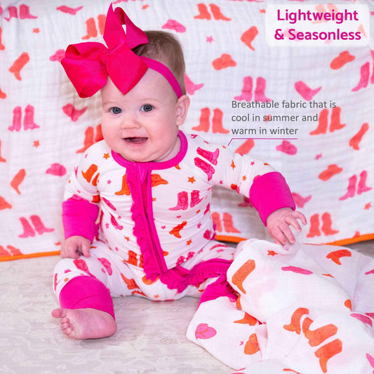 LollyBanks - Bamboo Baby Convertible Ruffle Zipper Pajamas - Cowgirl Boot