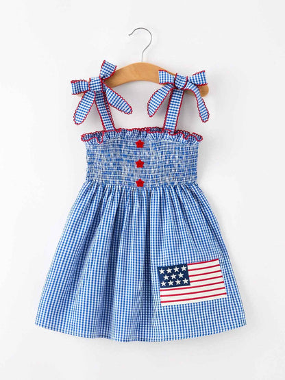 Girls 4th of July Plaid Twirl Dress Bow Smocked: 2