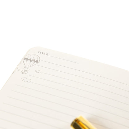 Peanuts Fabric-Bound Journal with Pen, A red fabric journal with a gold foil Snoopy illustration and the words happy notes, paired with a gold pen tucked into a loop along the spine.