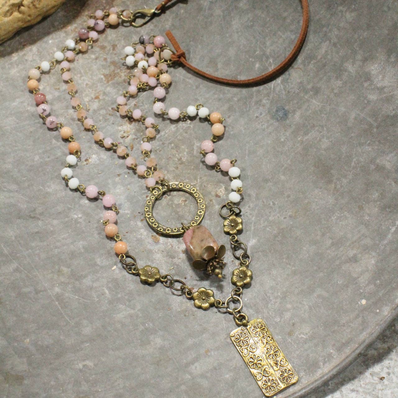Double Layered Blush Bead & Flower Pendant Necklace