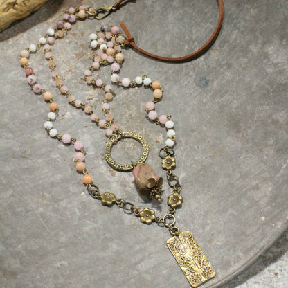 Double Layered Blush Bead & Flower Pendant Necklace