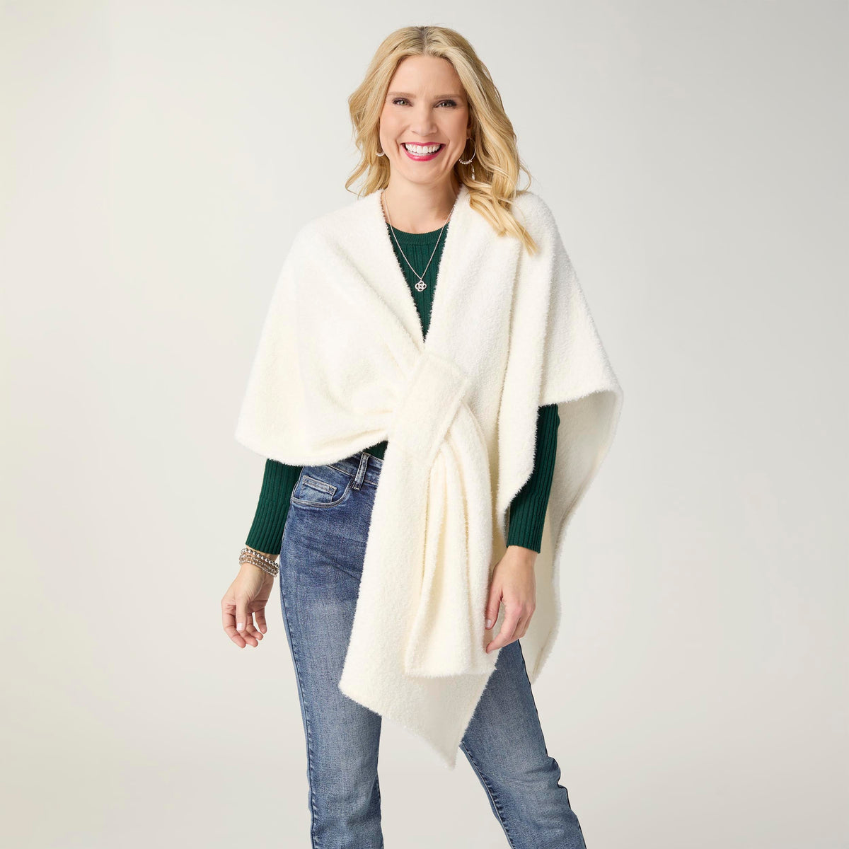 Elaina Tinsel Pull-Through Wrap, Winter White