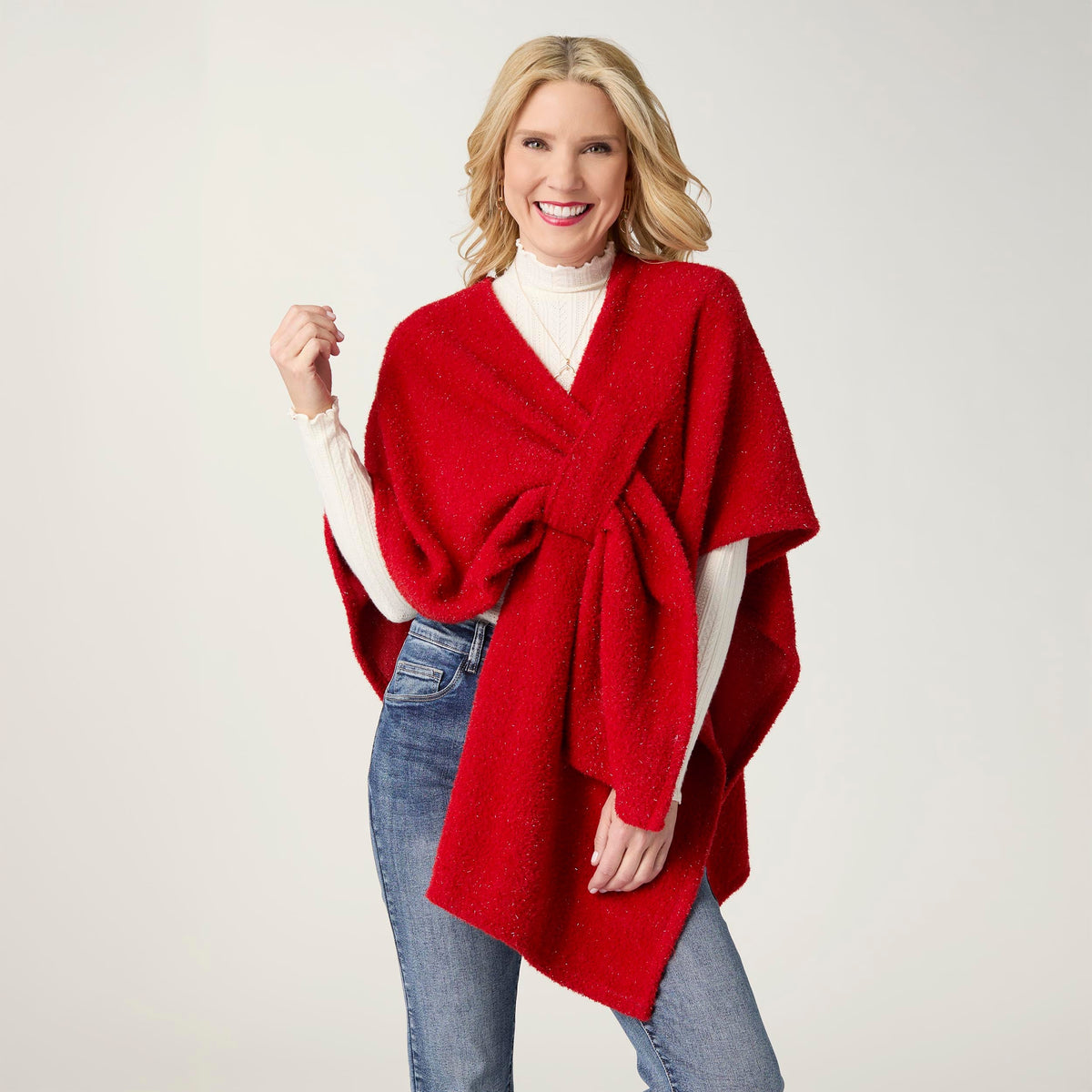 Elaina Tinsel Pull-Through Wrap, Tango Red