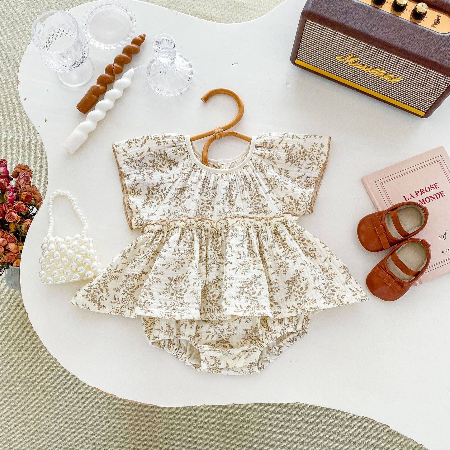 Baby Girls Floral Print Bodysuit Dress: Apricot