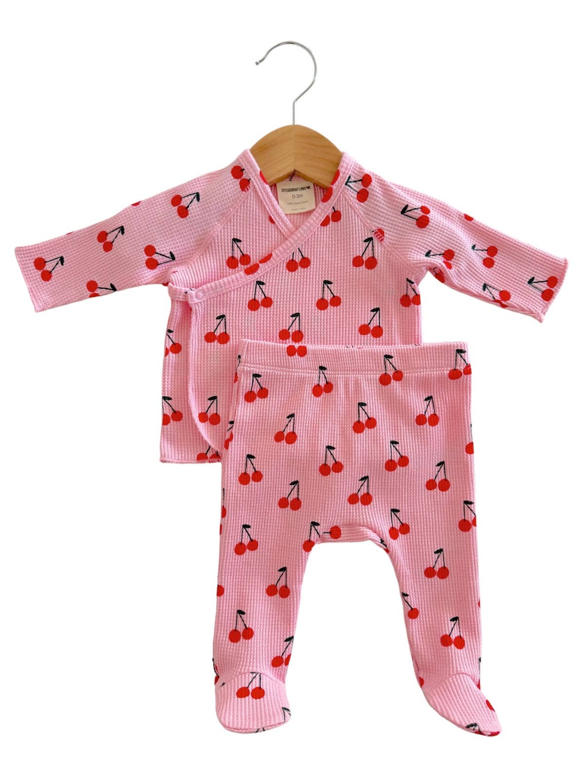 Organic Waffle Kimono & Pant Set, Pink Cherries: Newborn