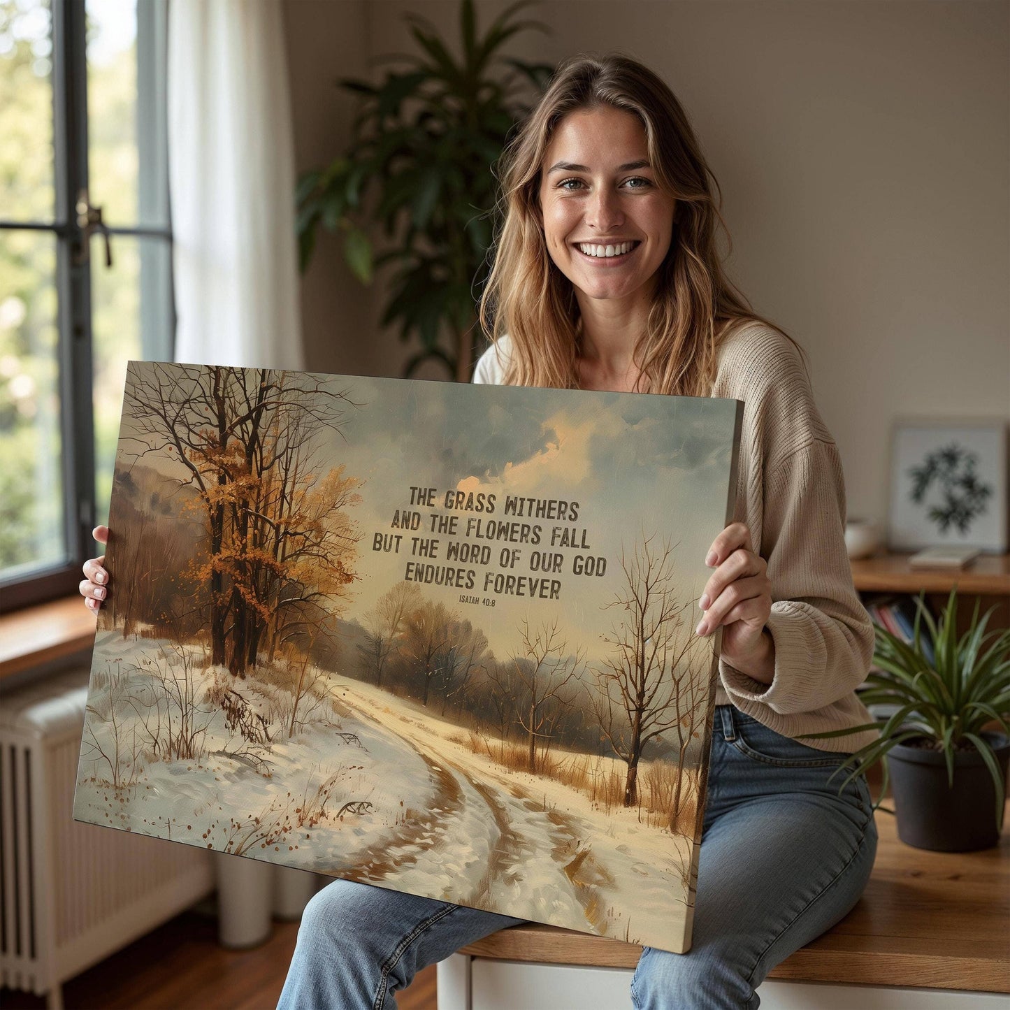 Cuadro sobre lienzo con paisaje invernal de Olive Branch Farmhouse - Isaías 40:8, regalos cristianos.