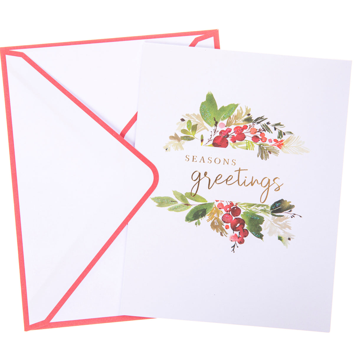 Season's Greetings Holiday Boxed Cards, A Christmas card with a watercolor holly and berry design and gold foil Seasons Greetings script, shown with its red envelope.