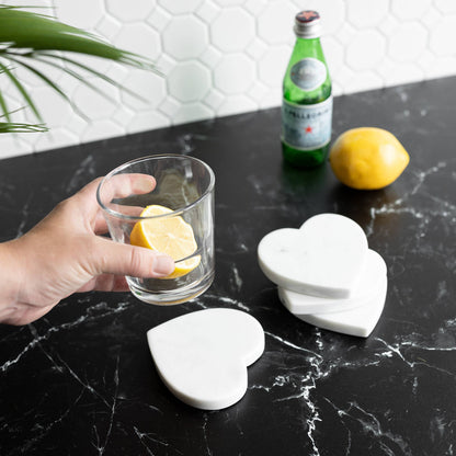 Set 4 Heart Coasters White Marble & Jute