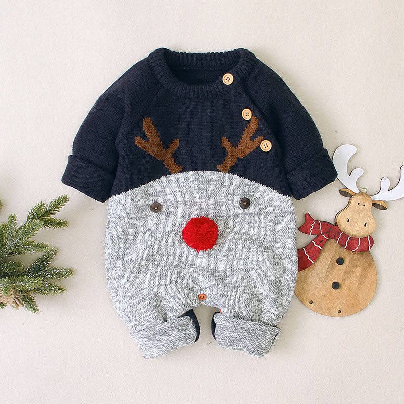 Baby Cartton Pattern Contrast Design Side Button Christmas Knitted Romper (9-12M)