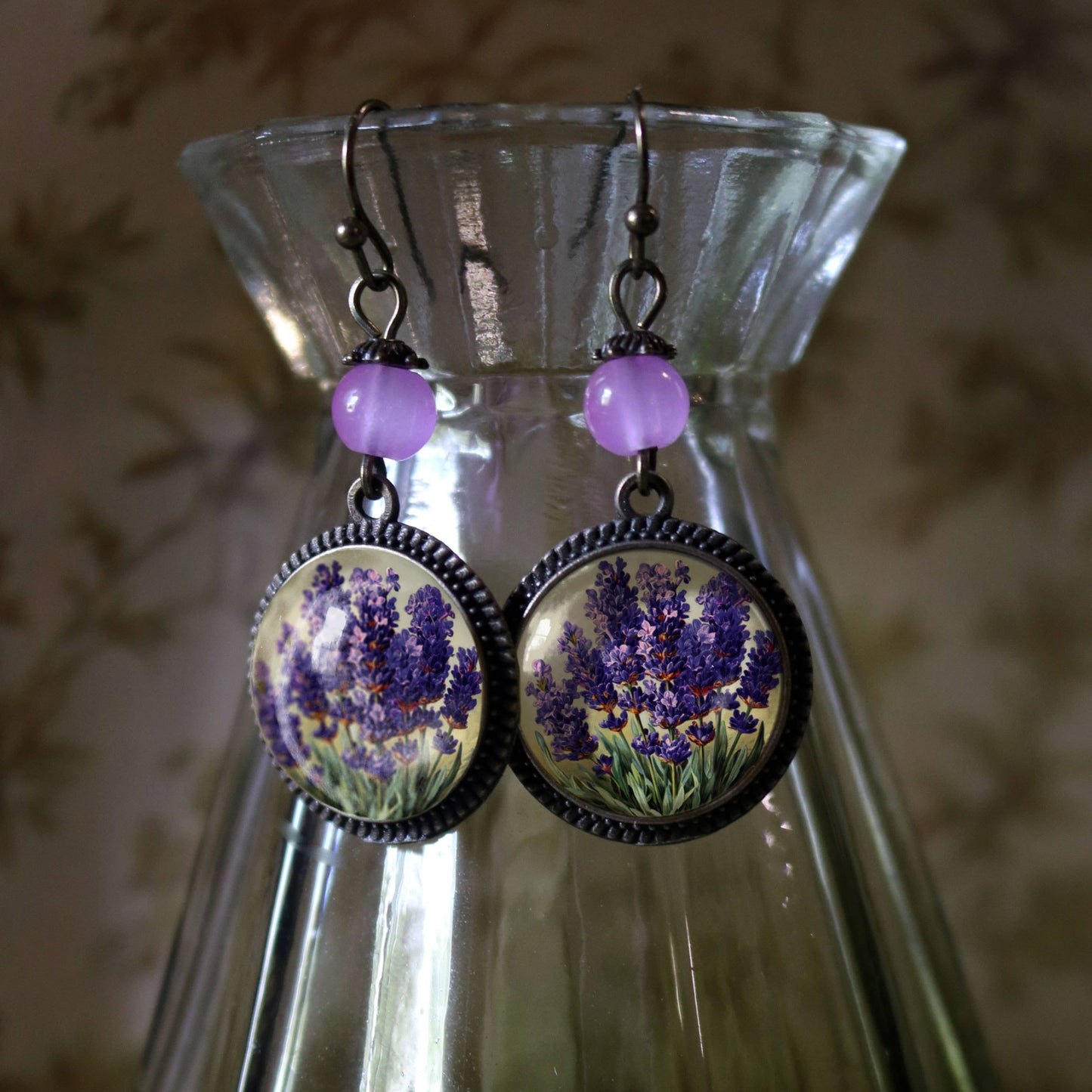 Lavender Flowers Glass Cabochon Earrings