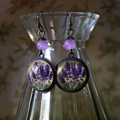 Lavender Flowers Glass Cabochon Earrings