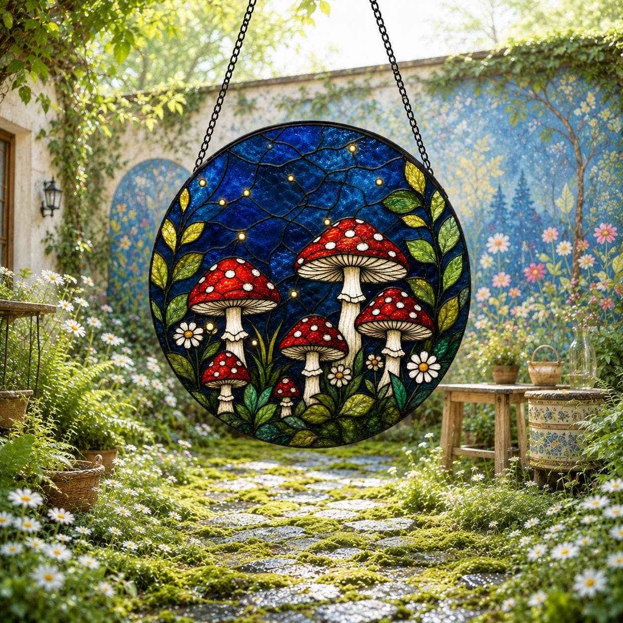 Fairy Garden Stained Glass Suncatcher, Mushroom Suncatcher