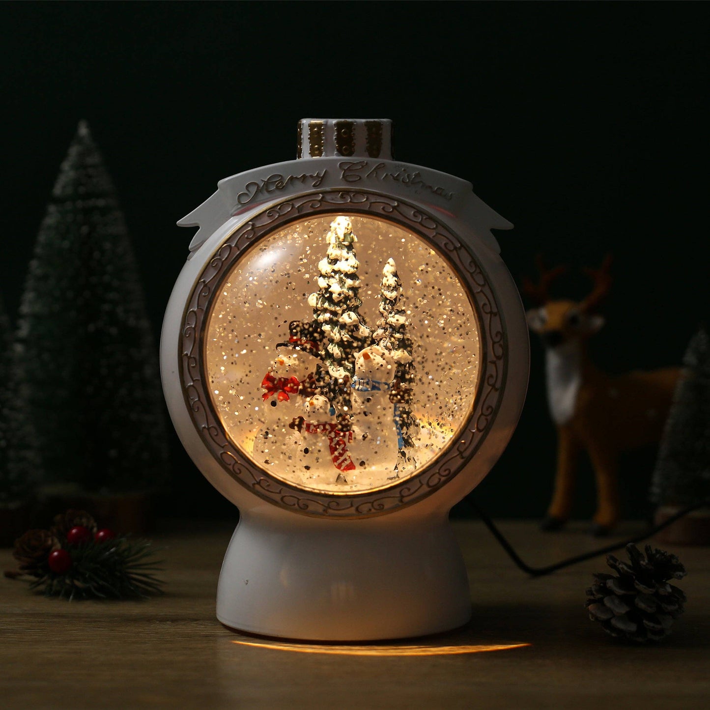 Christmas Musical White Round Snow Globe Lantern with Snowman Family Scene for Christmas Decoration