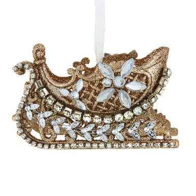 Ivory & Gold Sleigh With Gemstones Ornament