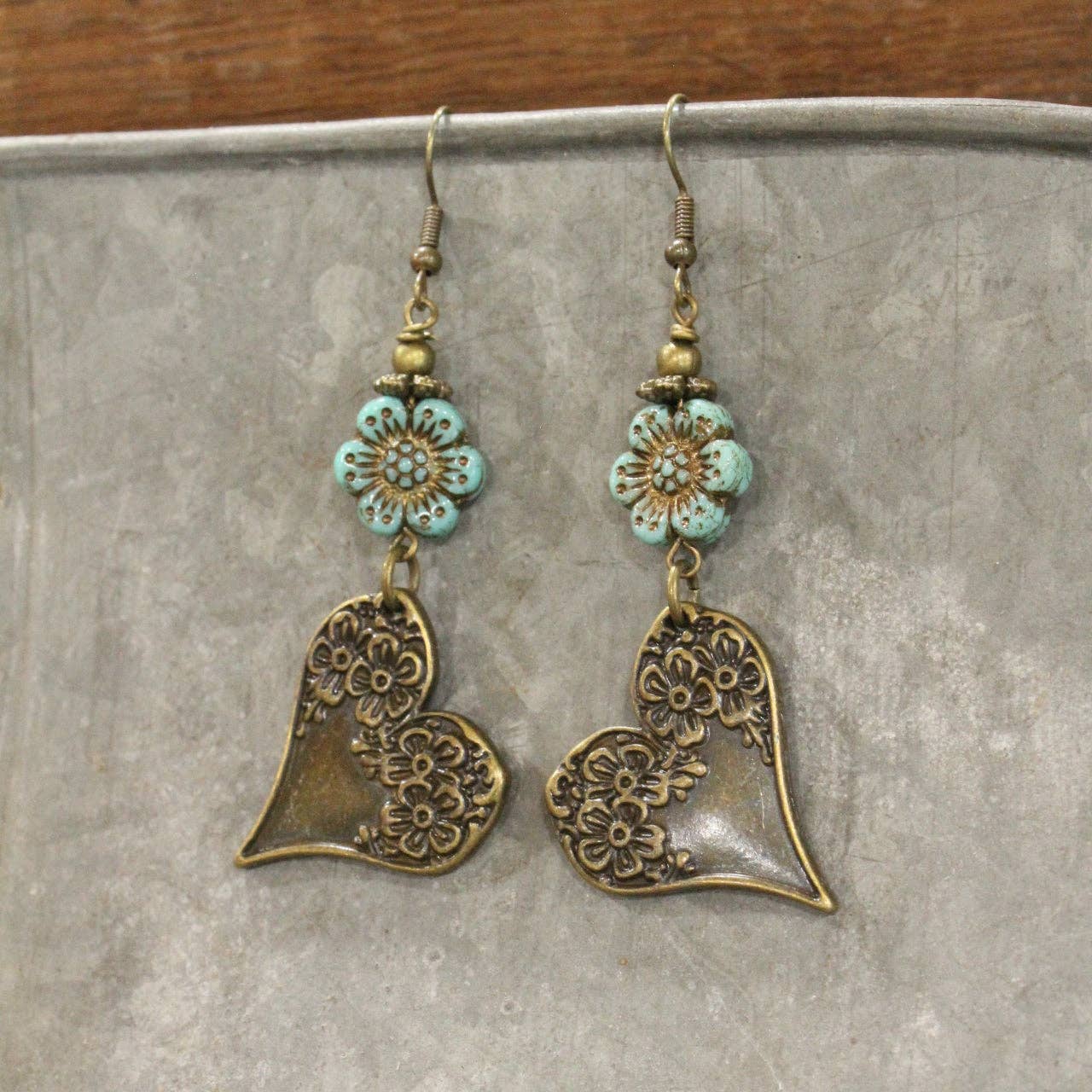 Czech & Bronze Mint Heart Charm Dangle Earrings