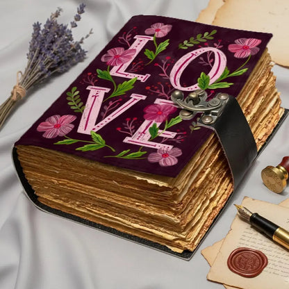 Floral LOVE Leather Journal – Handmade Romantic Notebook