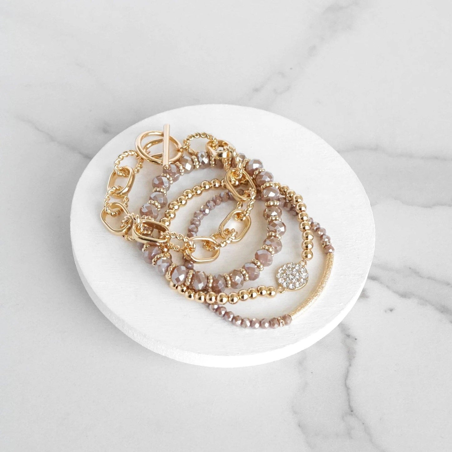 PennyLine inc - Beaded Bracelets set of 4 Blush Pink Glass Beads with Gold crystal paved sparkly bracelet Metal bead Toggle