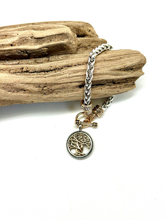 Bracelet Tree of Life Thick Snake Chain w/ Gold Toggle 7”