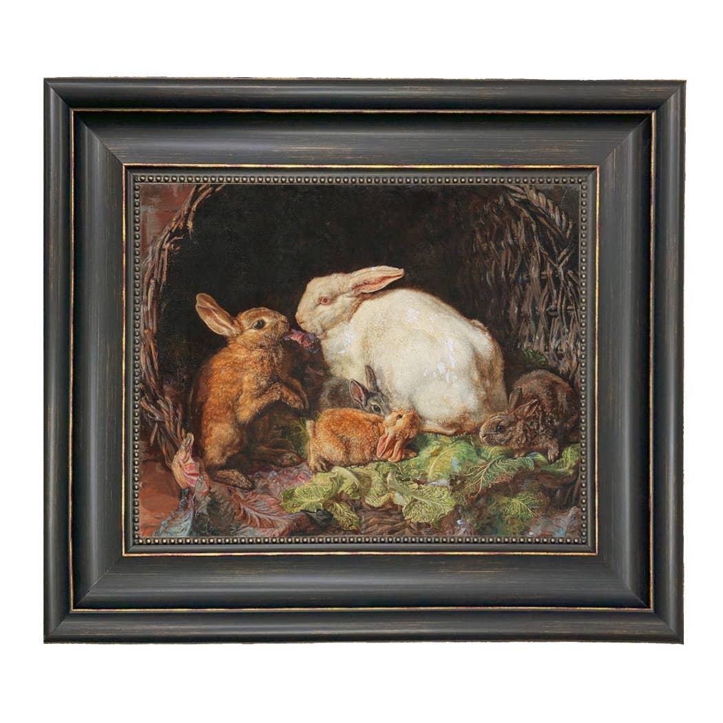 Hares and Young Framed Painting Print on Canvas