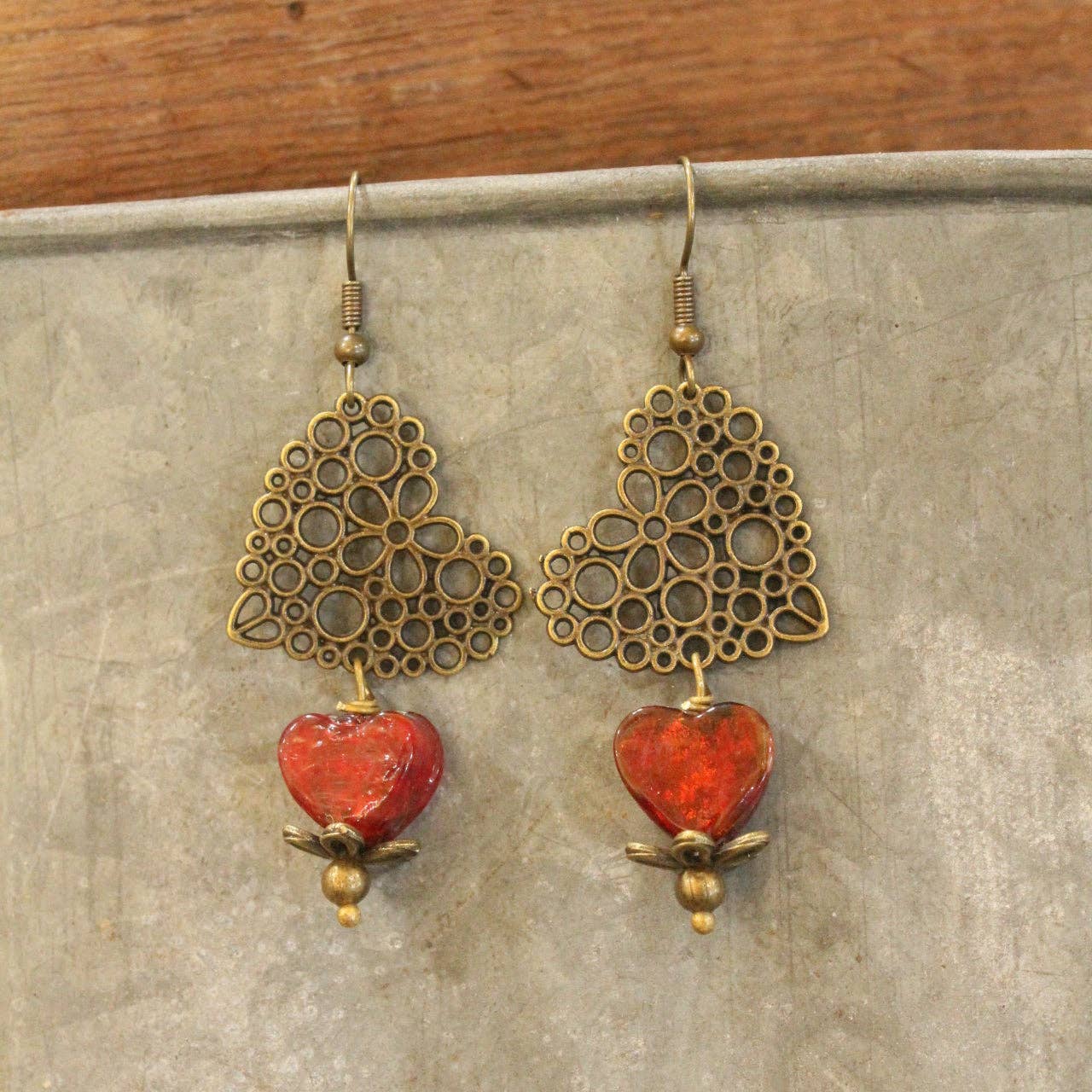 Filigree Hearts & Red Czech Bead Earrings