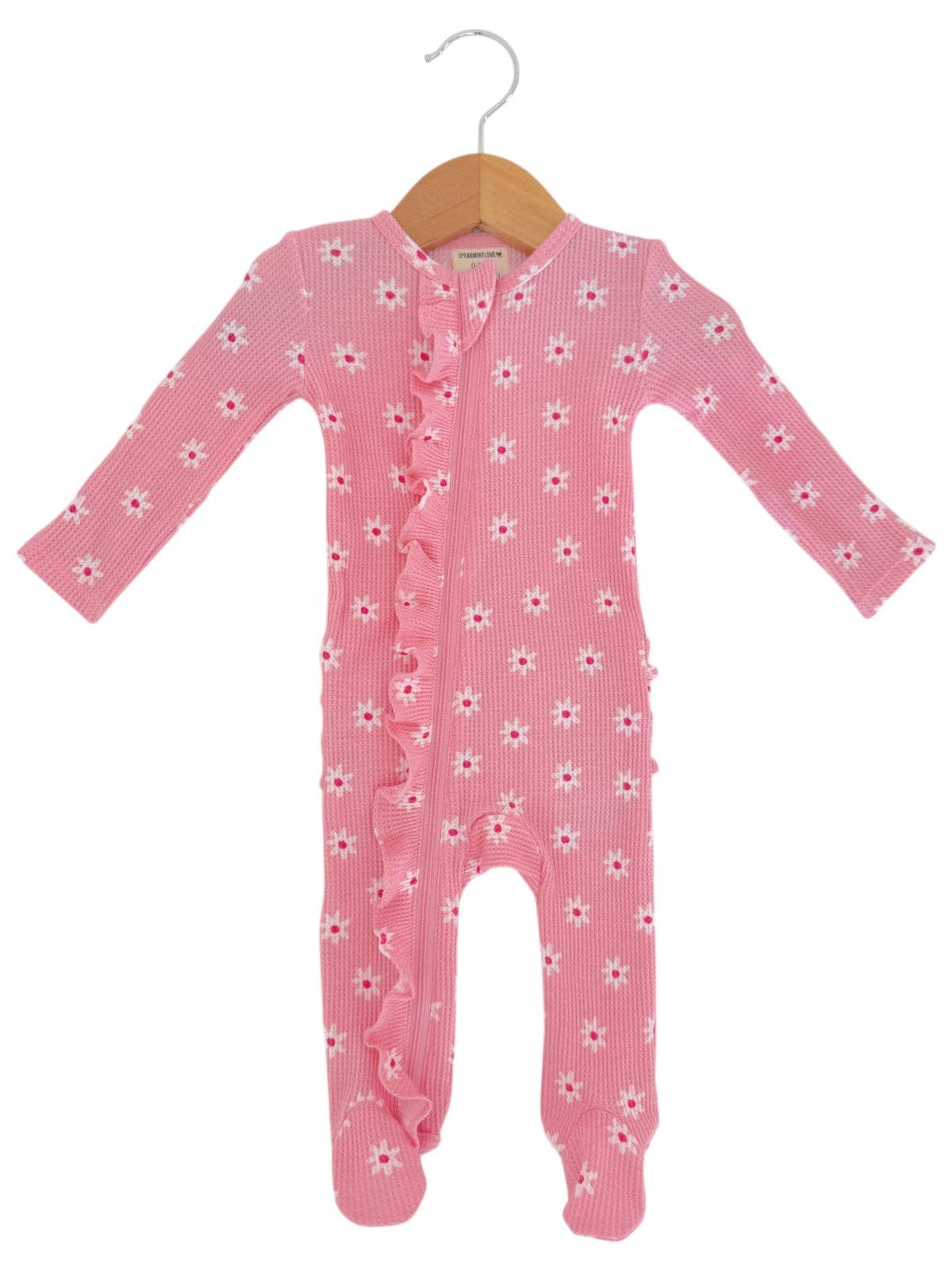 Organic Waffle 2-Way Zip Ruffle Footie, Pink Flower: 6 - 9 mo.