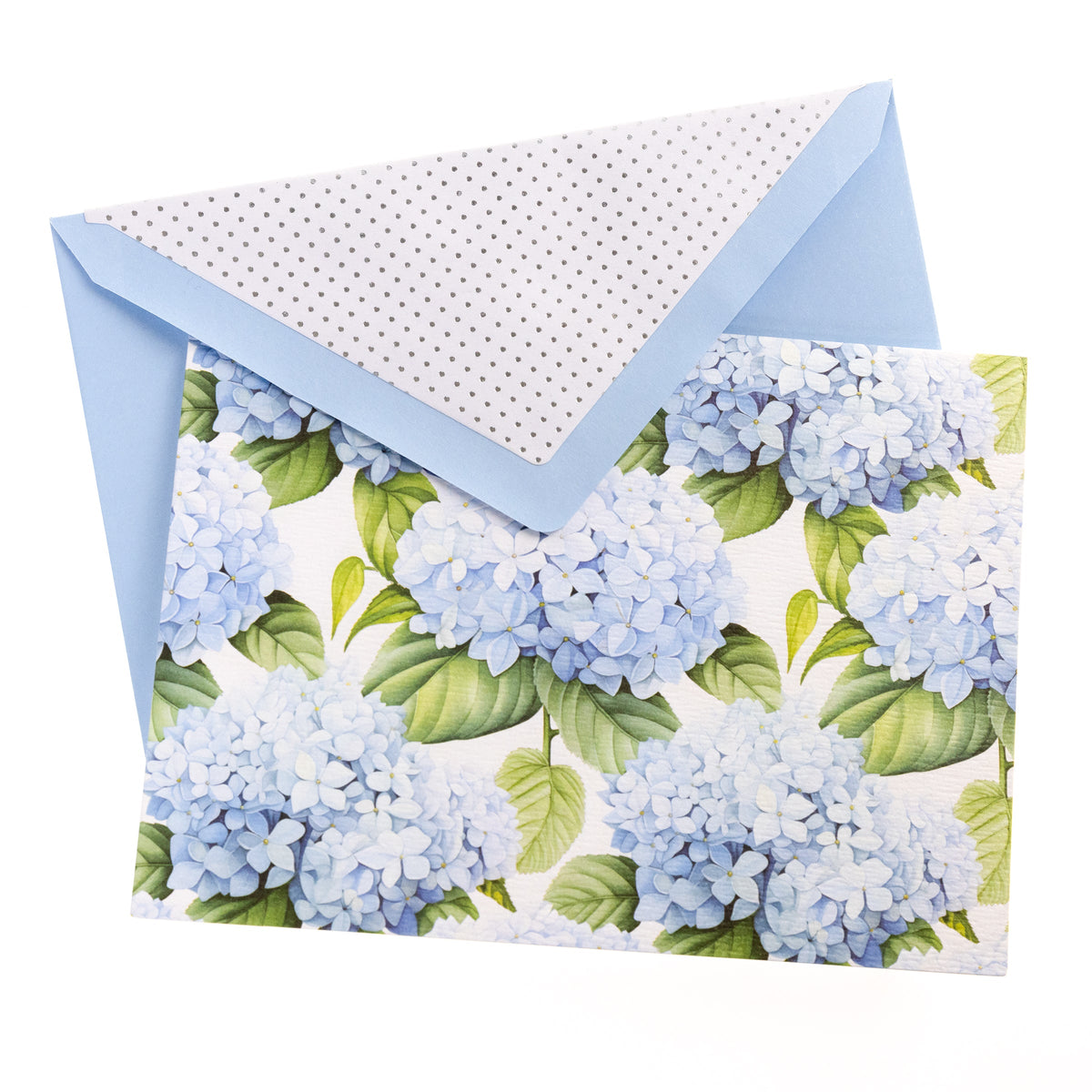 La Petite Presse Hortensia Boxed Correspondence Notes, A brown gift box open to a white notecard printed with powder blue hydrangea blooms, paired with a matching blue envelope.