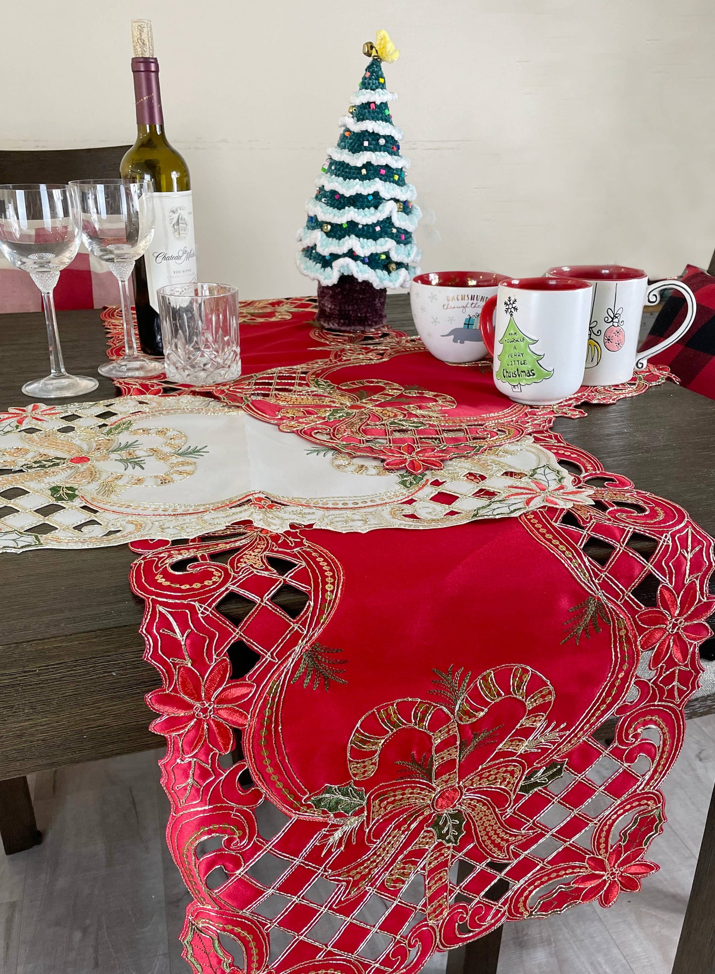 Holly Bow Christmas Design Red Table Runner