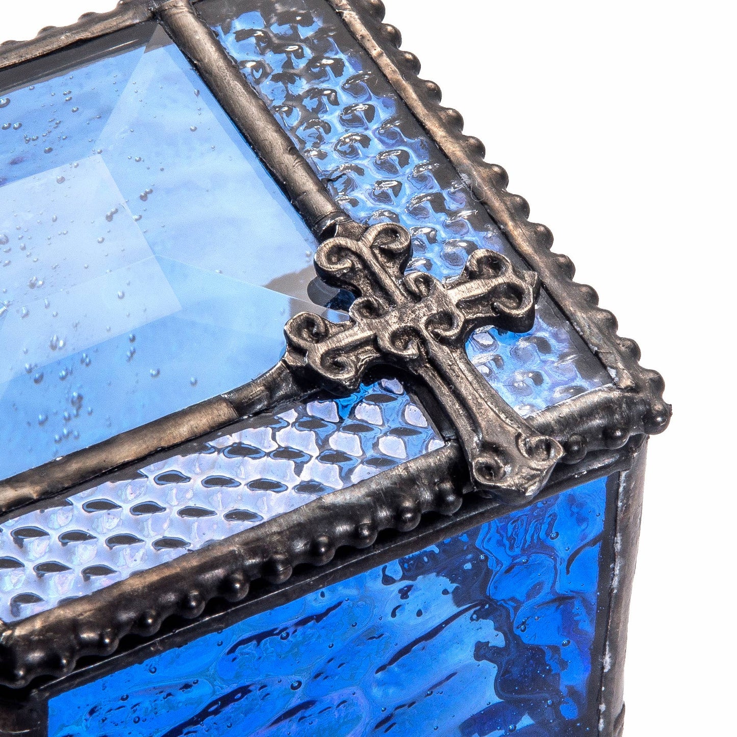 Blue Stained Glass Rosary Box With Cross