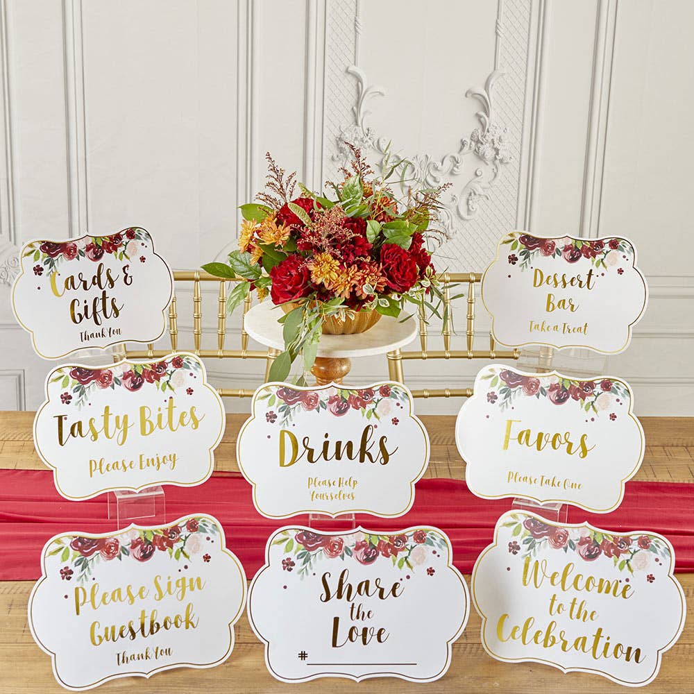 Burgundy Blush Floral Party Décor Sign Kit (Set of 8)