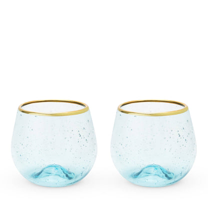 Aqua Bubble Stemless Glasses with Gold Plated Rims Set of 2