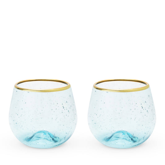 Aqua Bubble Stemless Glasses with Gold Plated Rims Set of 2