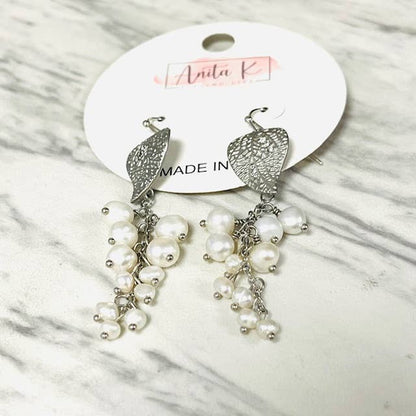Anita K By Blushing Pink - Brass Leaf with Freshwater Pearl Cluster Drop Earring