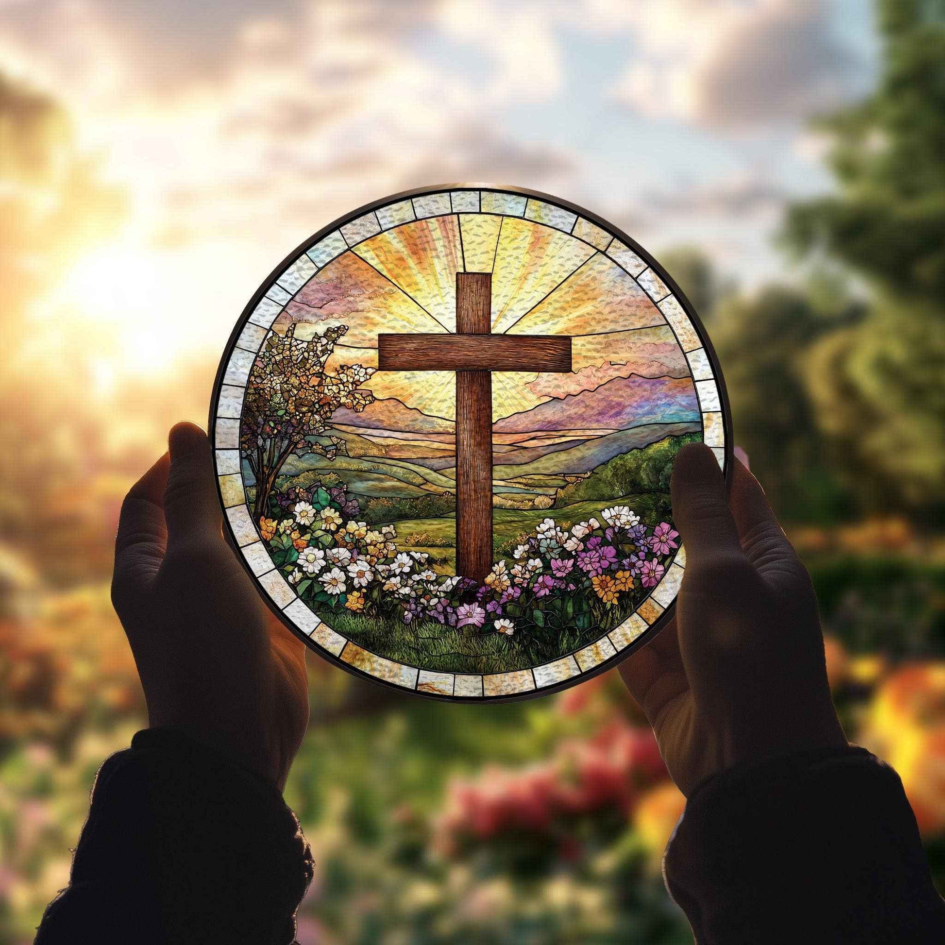 Cross And Wildflowers Strained Glass Suncatcher, Christian