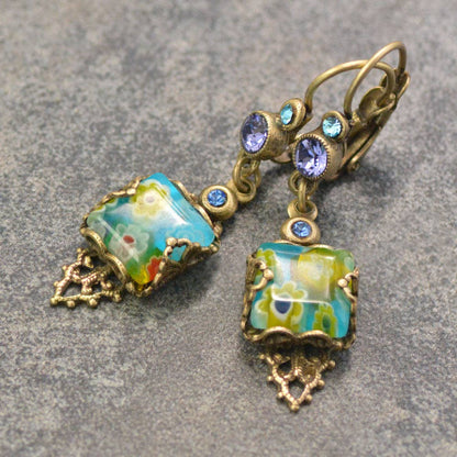Joyería Sweet Romance - Pendientes cuadrados vintage Millefiori E1382