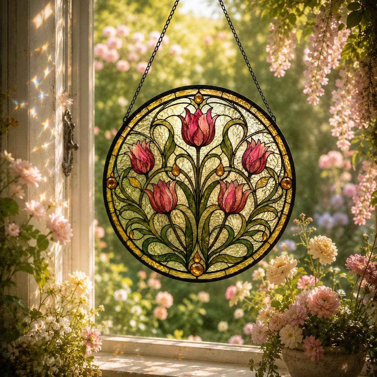 Stained Glass Tulip Suncatcher, Round Floral Window Hanging