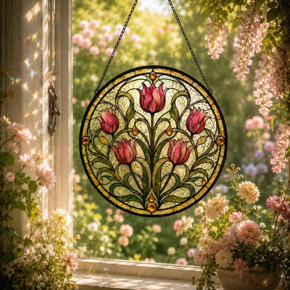 Stained Glass Tulip Suncatcher, Round Floral Window Hanging