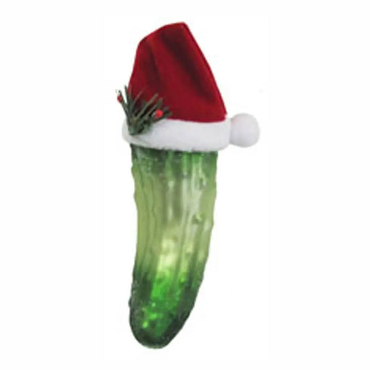Adorno navideño de cristal con forma de pepinillo de 14 cm (5 1/2") con gorro de Papá Noel.