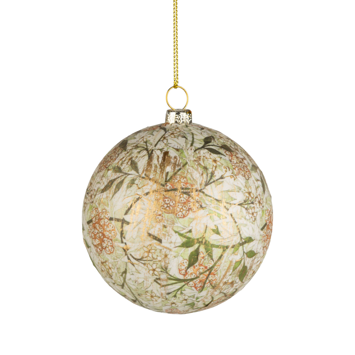 Paper/plastic ball ornament, green/pink floral gold 3 in