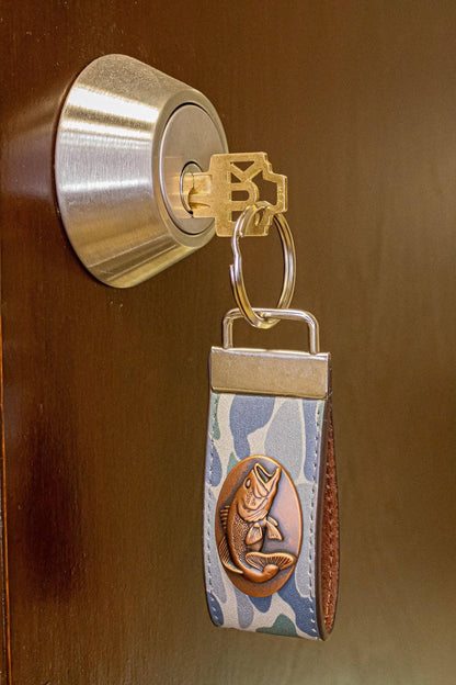 Bass Fishing Old School Camo Leather Loop Keychain.: Brown/Tan Camo