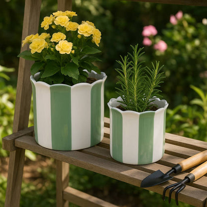 Sagebrook Home - Planters Set of 2 - Green/White Ceramic Striped, 6/8 in.