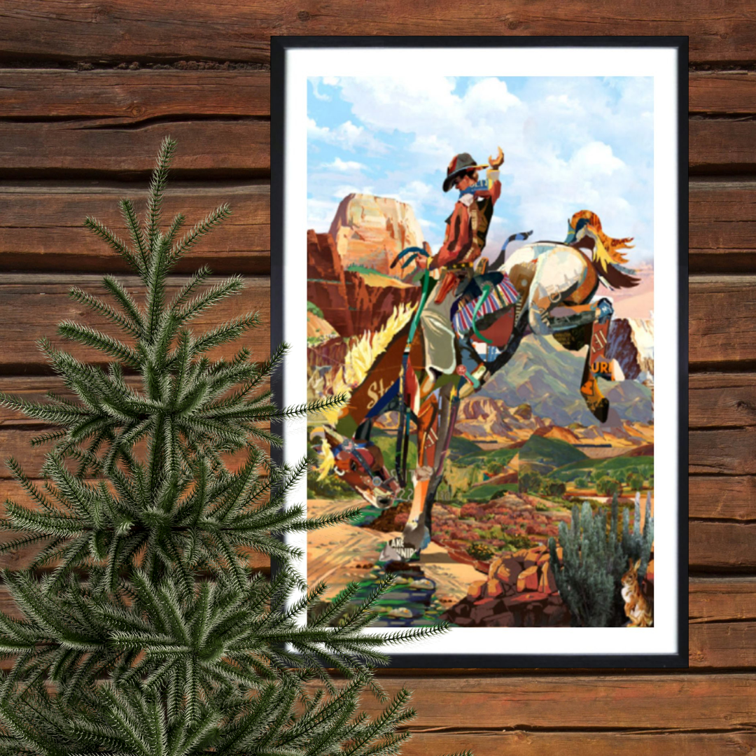 3D Collage Art | Cowboy on Bronc (36"x24")