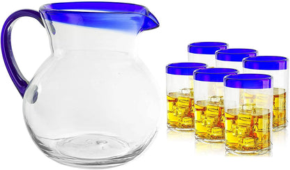 Hand Blown Mexican Drinking Glasses and Pitcher – Set of 6