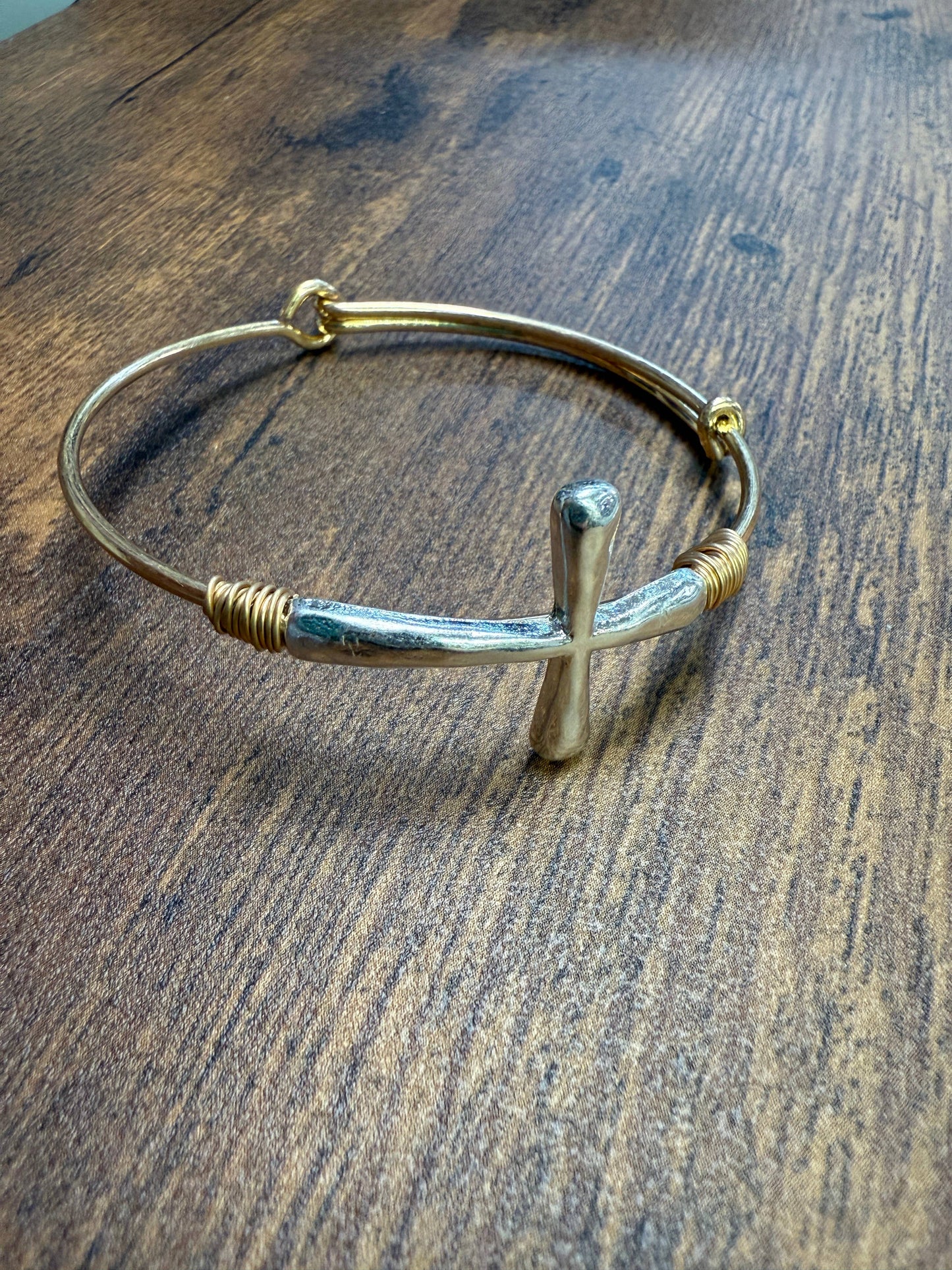 Two-tone Wire Wrapped Cross Bangle Bracelet