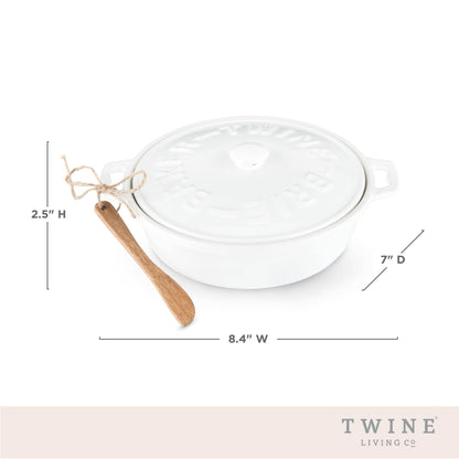 White Ceramic Brie Baker and Lid with Acacia Spreader