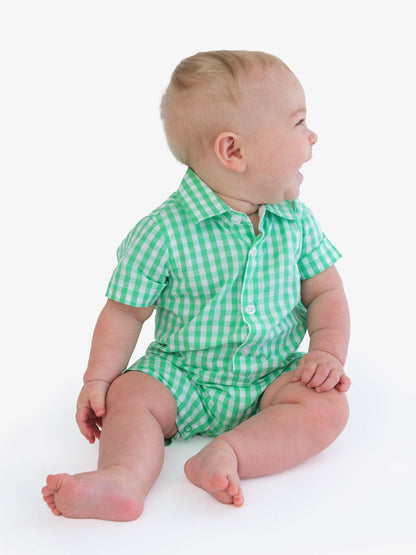 Baby Boys Classic Spring Green Gingham Short Button-Up Romper